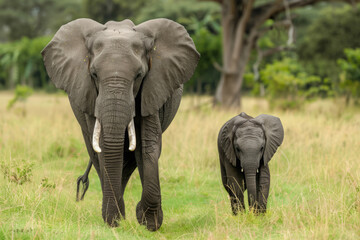 African elephants walking across grassy savannah. Mother and calf elephant in natural habitat with landscape of national park