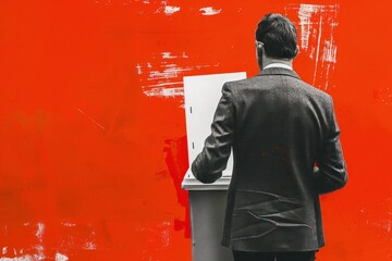 Man in blazer voting at art event in front of a red rectangle wall
