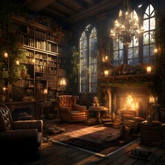 Living room with fireplace, books and armchairs. 3D rendering