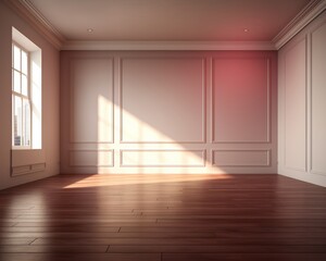 3d rendering.  An empty room with a single window and a hardwood floor. The walls are paneled and painted white. There is a single light on the ceiling.