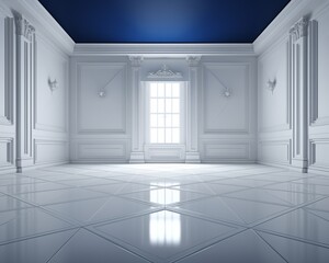 3d rendering.  An empty room with white walls, a blue ceiling, and a large window.
