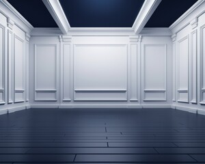 3d rendering.  An empty room with white walls and a dark blue floor. There are no windows or doors.