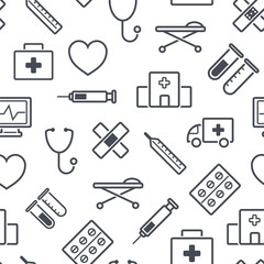 Vector seamless medical pattern, hospital icons, health care, clinic background. Black and white line emergency, pharmacy illustration. 