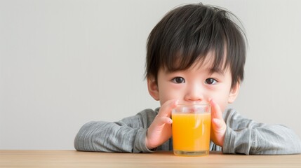 adorable kid drinking a glass of orange juice on a blurry light background. having breakfast.