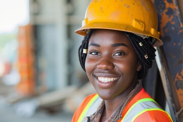 smiling african american female construction apprentice diversity in skilled trades photo with copy space