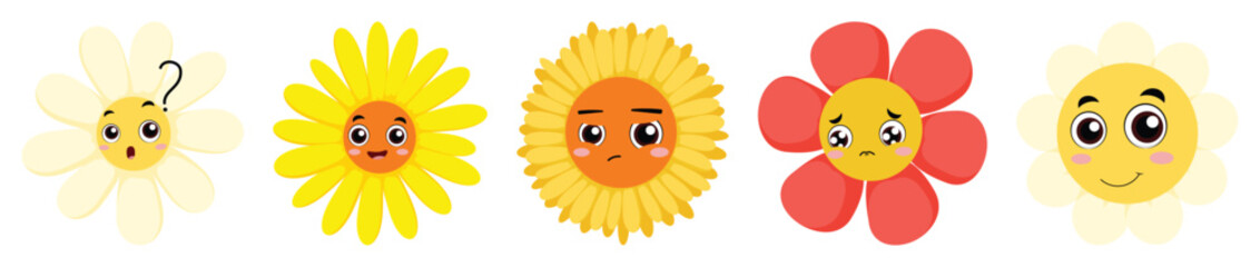 Cute flower cartoon characters with different expression
