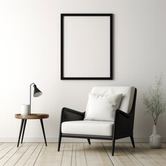 Sleek black frame mockup in a light-filled, minimalist interior with white furniture.