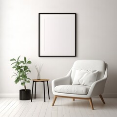 Simple yet stylish frame mockup on a white wall, complemented by a sparse Scandinavian-style interior.
