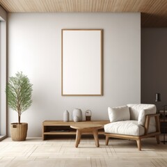 Spacious minimalist interior featuring a large frame mockup on a textured cream-colored wall.