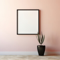 Thin black frame mockup in a minimalist setting, positioned on a light pastel wall with ambient lighting.