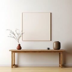 Minimalist frame mockup on a soft beige wall, positioned above a small, elegant wooden table.