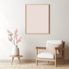 Frame mockup in a minimalist room, displayed on a wall with a soft pastel hue, creating a calm atmosphere.