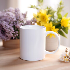 A peaceful morning mockup with a white coffee mug surrounded by fresh spring flowers on a light wood table.
