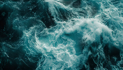 top view of sea blue water with white foam rolling in ocean, turbulent waves, dark and dramatic...