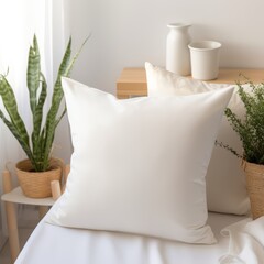 Blank white pillow cover mockup in a sun-drenched cozy bedroom, ideal for display.