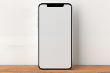 mockup mobile smartphone with blank, empty white screen on a table