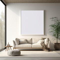 Frame mockup in a minimalist-style room with large windows and sheer curtains, providing soft, natural light.