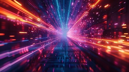 Obraz premium Abstract neon light rays on a fastmoving cyberpunk background with dynamic effects. Concept Cyberpunk Art, Neon Lights, Abstract Background, Dynamic Effects, Fast Moving