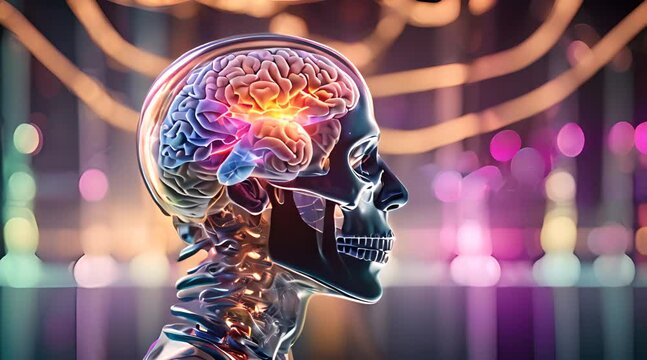 Close-up of human skull with glowing brain inside, symbolizing the mysteries of the mind and the afterlife