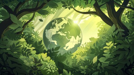 Environment Concept With A Glass Globe Nestled In A Green Forest, Symbolizing The Harmony Between Humanity And Nature, Cartoon Background