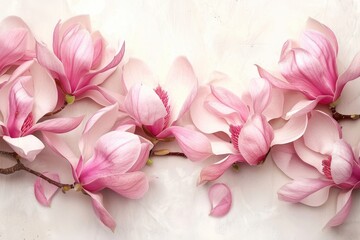 Flowers Border. Pink Magnolia Blossom Branch in Spring Decoration