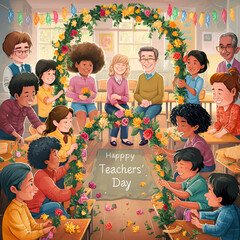 Happy Teacher’s Day, student teacher smile image Happy students teacher in classroom vector image