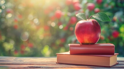 Teacher's day concept apple lying on books on light vintage rustic wooden table and morning garden copyspace background with sunlight - Powered by Adobe