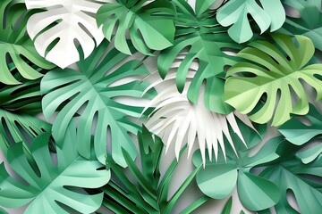 Paper Leaf. Tropical Art Background with Green Leaves on White Paper