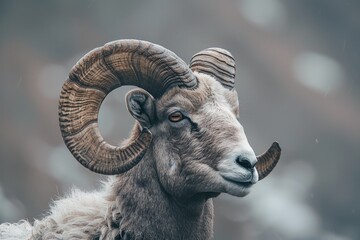 Animal Horns. Majestic Aries Ram with Ring Antlers in Countryside Portrait