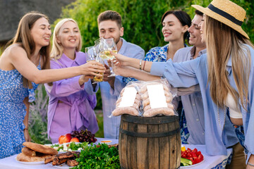 A group of happy friends eating and drinking beer over a sausage dinner. Summer lifestyle, food and friendship concept. An isolated place for your advertising.