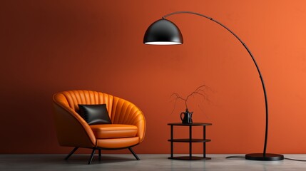 A living room featuring a vibrant orange wall and a sleek black floor lamp standing gracefully