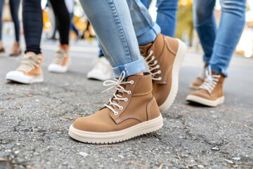 Close-up of Pedestrian's Shoes Walking on Urban Street - City trip Travel journey, Dynamic Motion, March Protest