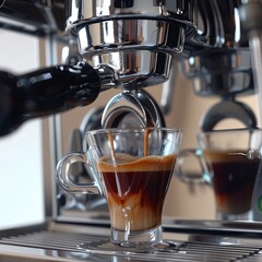 Close-up of espresso machine brewing a lungo shot, super realistic
