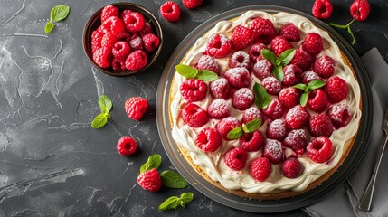   A cake topped with raspberries sits on a plate, accompanied by a separate bowl filled with more...