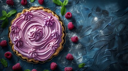   A tight shot of a pie on a table, garnished with raspberries and mints nearby