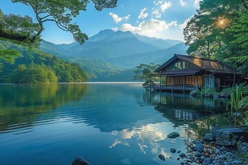 Serene lakeside, surrounded by lush green trees and distant mountains and a charming lakeside house with wooden walls and a sloping roof, partially reflecting in the calm water