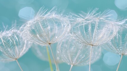   A tight shot of numerous dandelions with dewdrops atop their heads