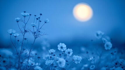 White flowers in the night under full moon.