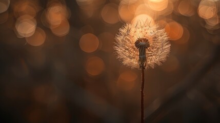   A dandelion in focus, surrounded by a blur of twinkling lights