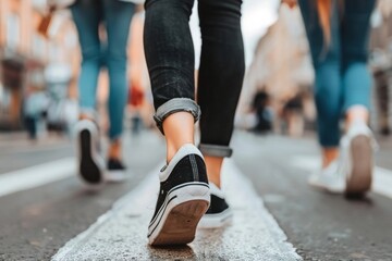 Close-up of Pedestrian's Shoes Walking on Urban Street - City trip Travel journey, Dynamic Motion, March Protest