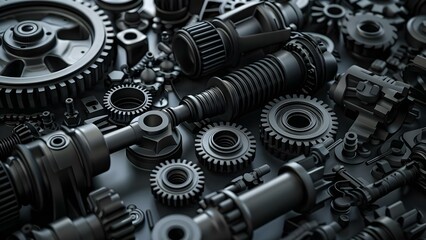 Fototapeta premium Industrial 3D render of vehicle parts like gears pipes in dark theme. Concept Industrial Design, 3D Rendering, Vehicle Parts, Gears, Pipes, Dark Theme