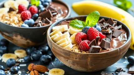   A bowl of chocolate, fruits  nearby, a granola bowl is present