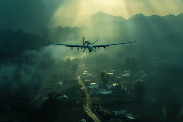Fototapeta premium A combat drone casting a long, ominous shadow over a rural village