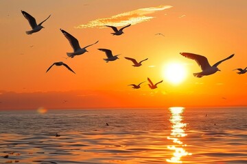 Obraz premium A flock of seagulls wheeling and diving over the ocean, silhouetted against a dramatic sunset