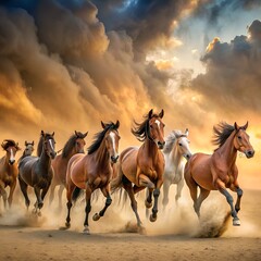 Horse herd run in desert sand storm against sky
