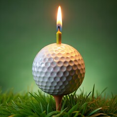 image of a golf ball on a tee with a birthday candle stuck into the golf ball, as if it's being used as a birthday cake