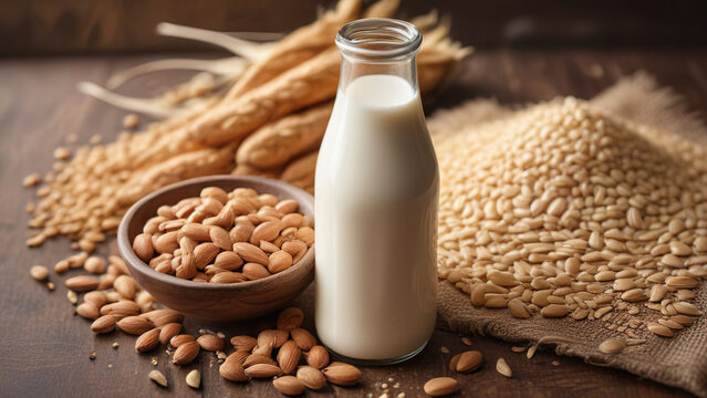 Vegan nut milk in a bottle or carafe on a dark background, alternative milk,