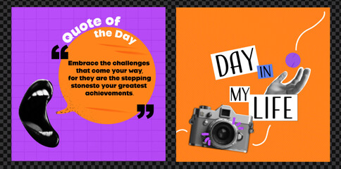 A set of templates for social networking posts. Open Mouth with Quote of the Day.  A day in my life. Ideas for content. Vector collage style.