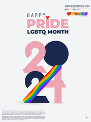 Geometric LGBT Pride Month poster. LGBT 2024 pride month. Background, poster, postcard, banner design. Colored label on rainbow flag background. Human rights or diversity concept. Vector background.