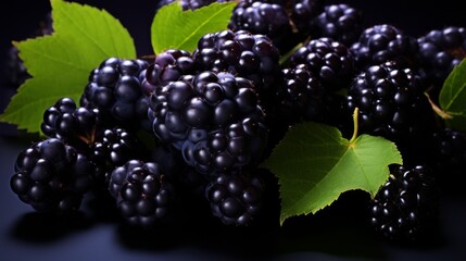 Fresh blackberries surrounded by vibrant green leaves, creating a colorful and delicious display